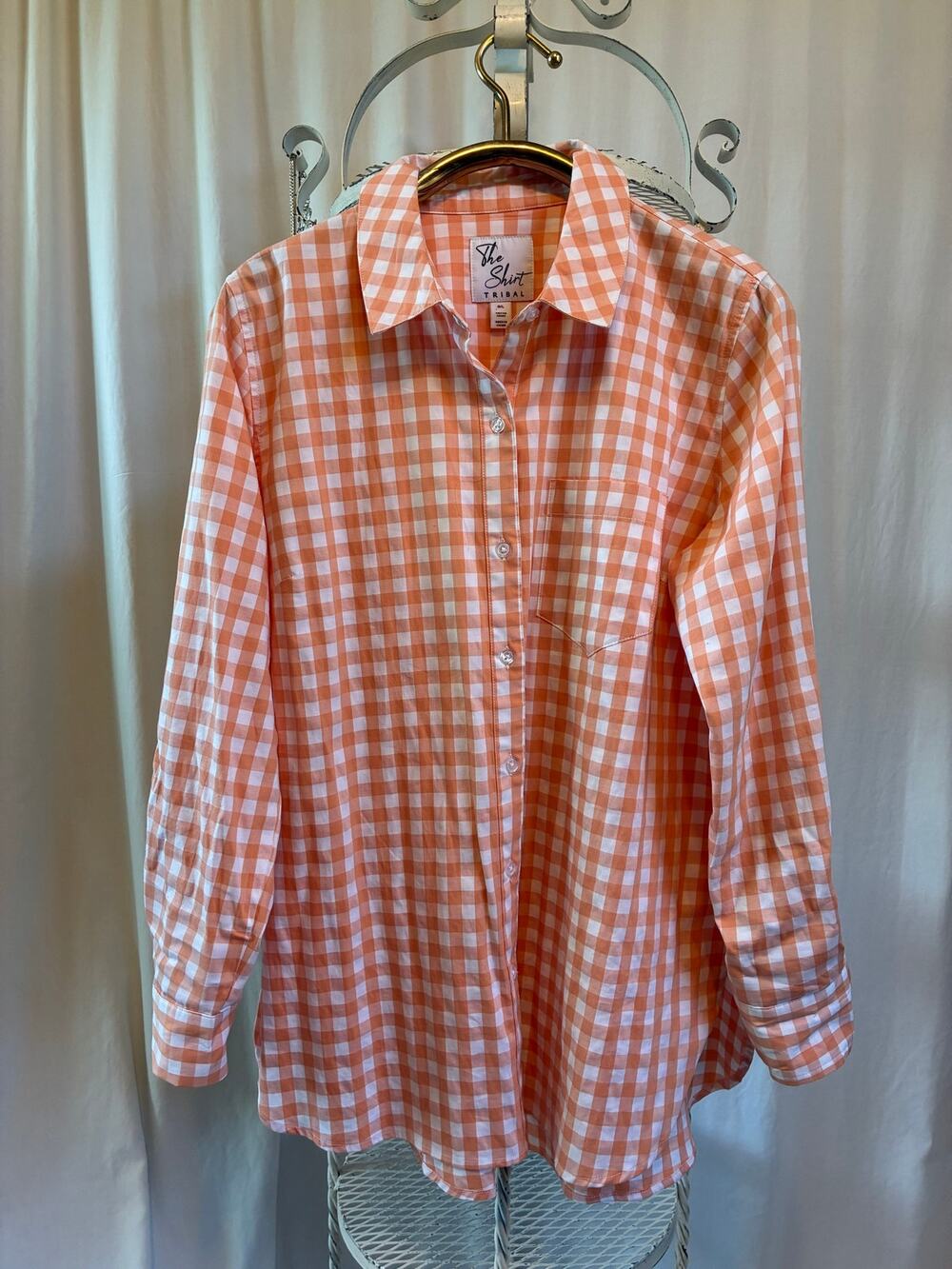 Tribal Shirt Button Down Orange White Gingham Roll Tab Sleeve Chest Pocket Large